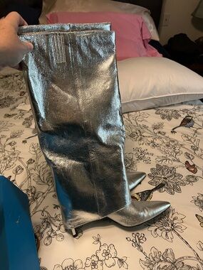 Metallic Silver Pointed-Toe Knee-High Boots. New. Size 11